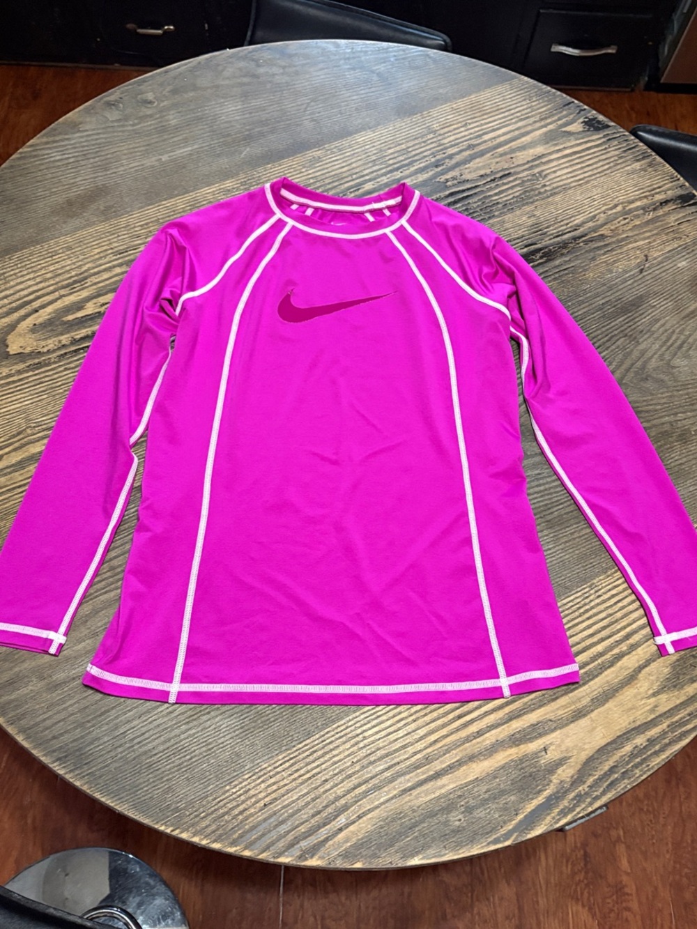 Nike Women's Fuchsia Long-Sleeve Swim Rash Guard with White Trim